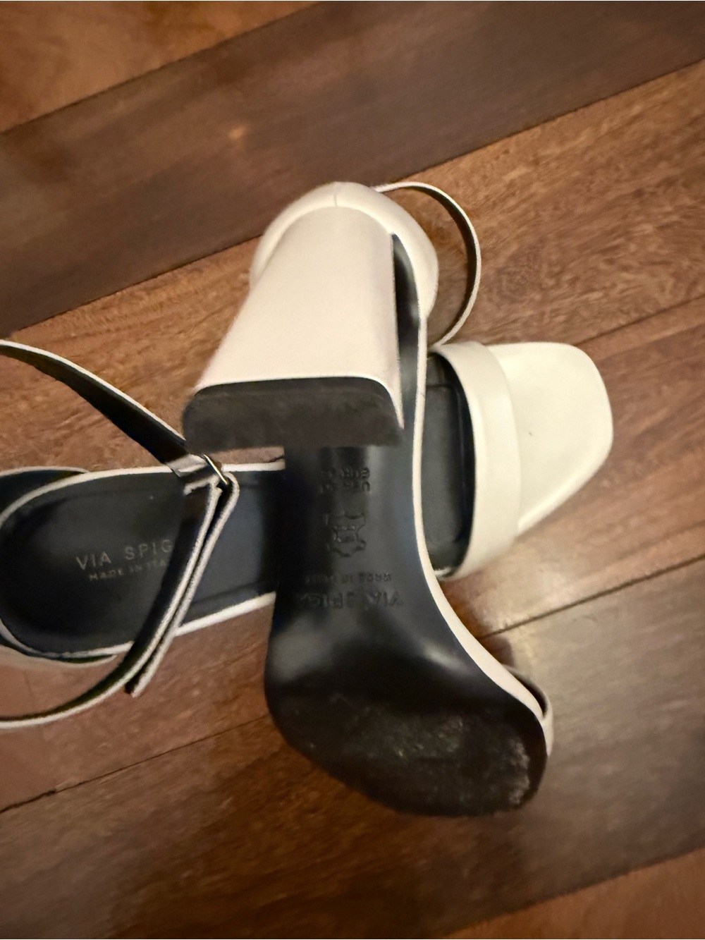 Via Spiga White Leather Block Heel Sandals with Ankle Strap Accent